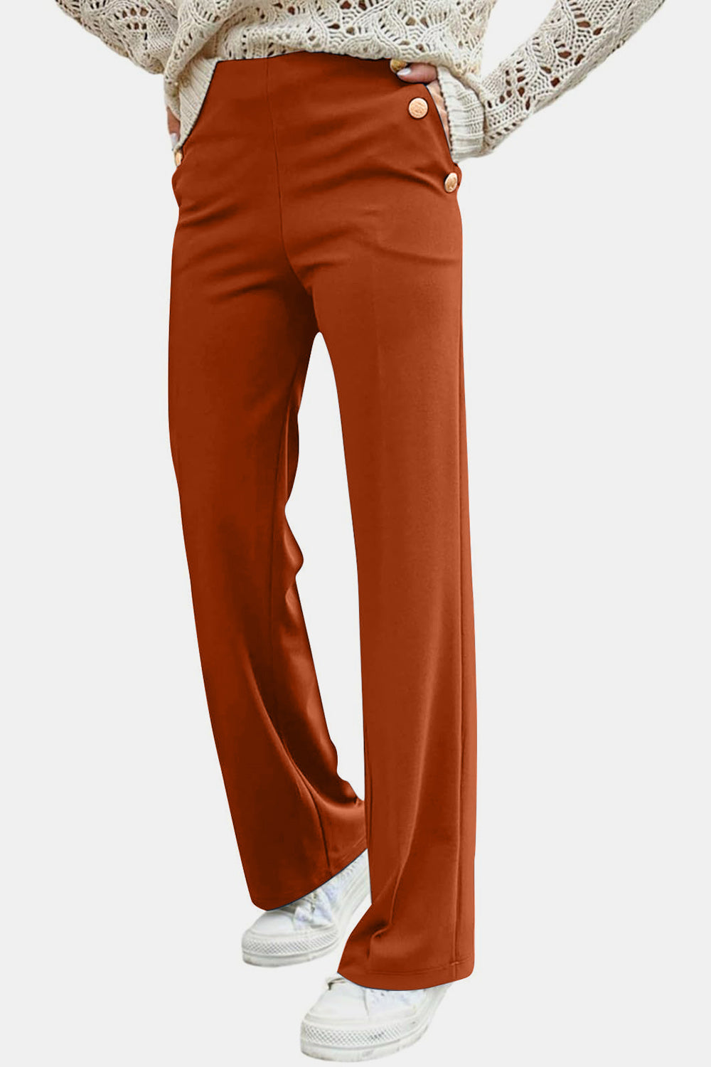 Orange Decorative Button High Rise Pants