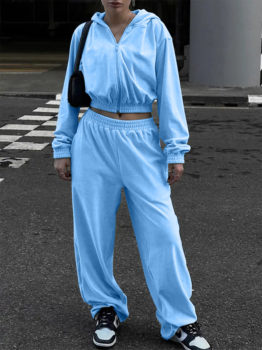 Blue Zip Up Hoodie and Pocketed Pants Set