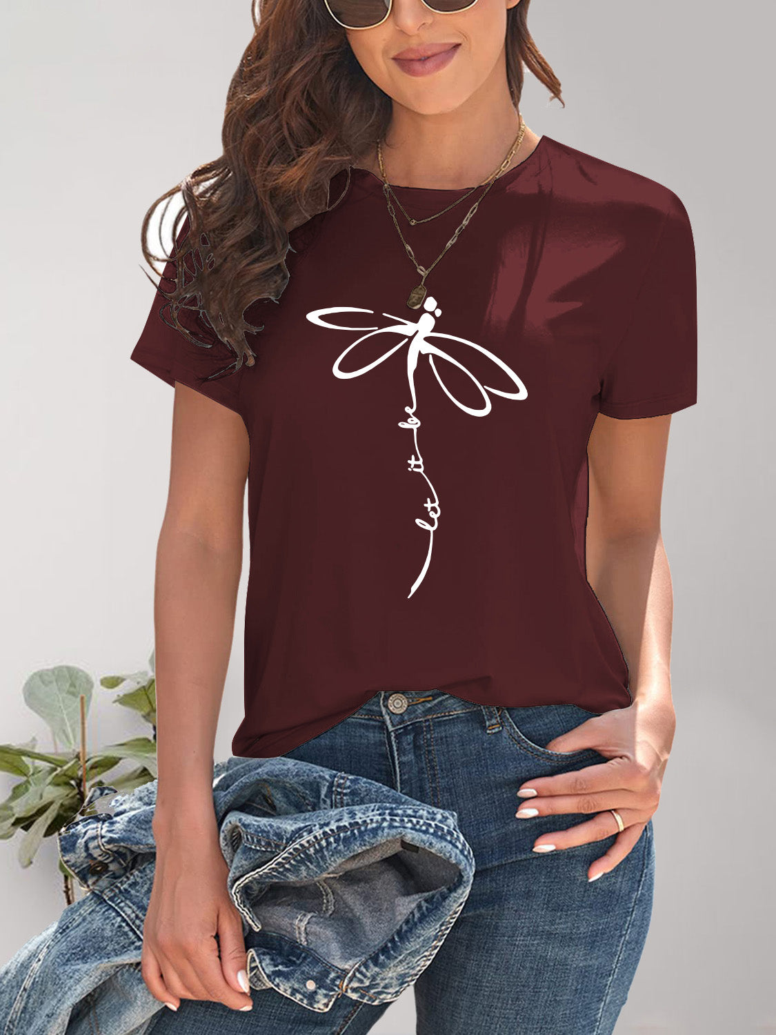 Front view of burgundy Dragonfly Graphic Round Neck Short Sleeve T-Shirt