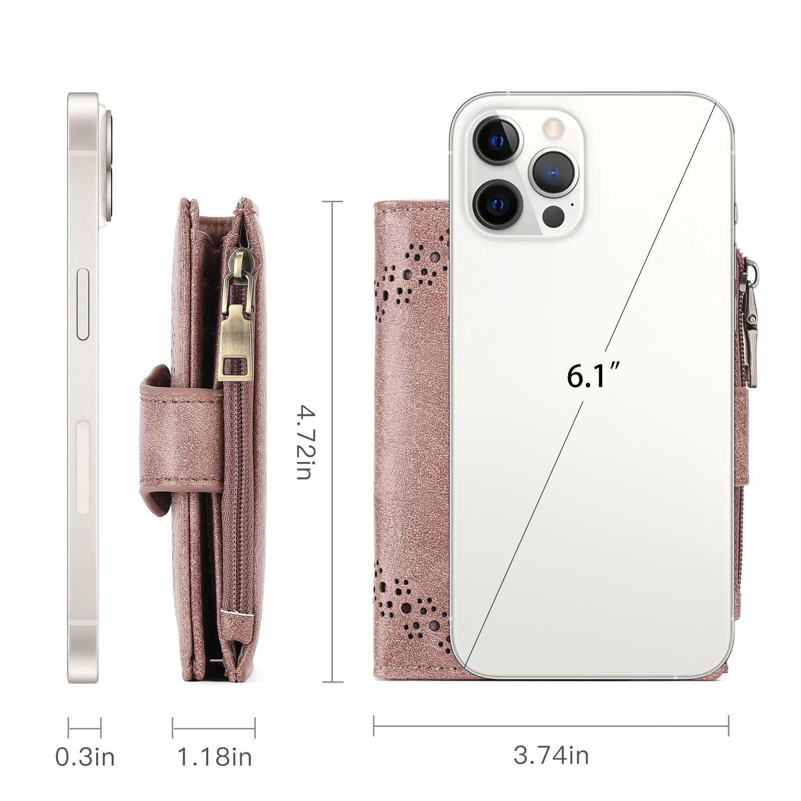 Phone case with dimensions displayed on a white background