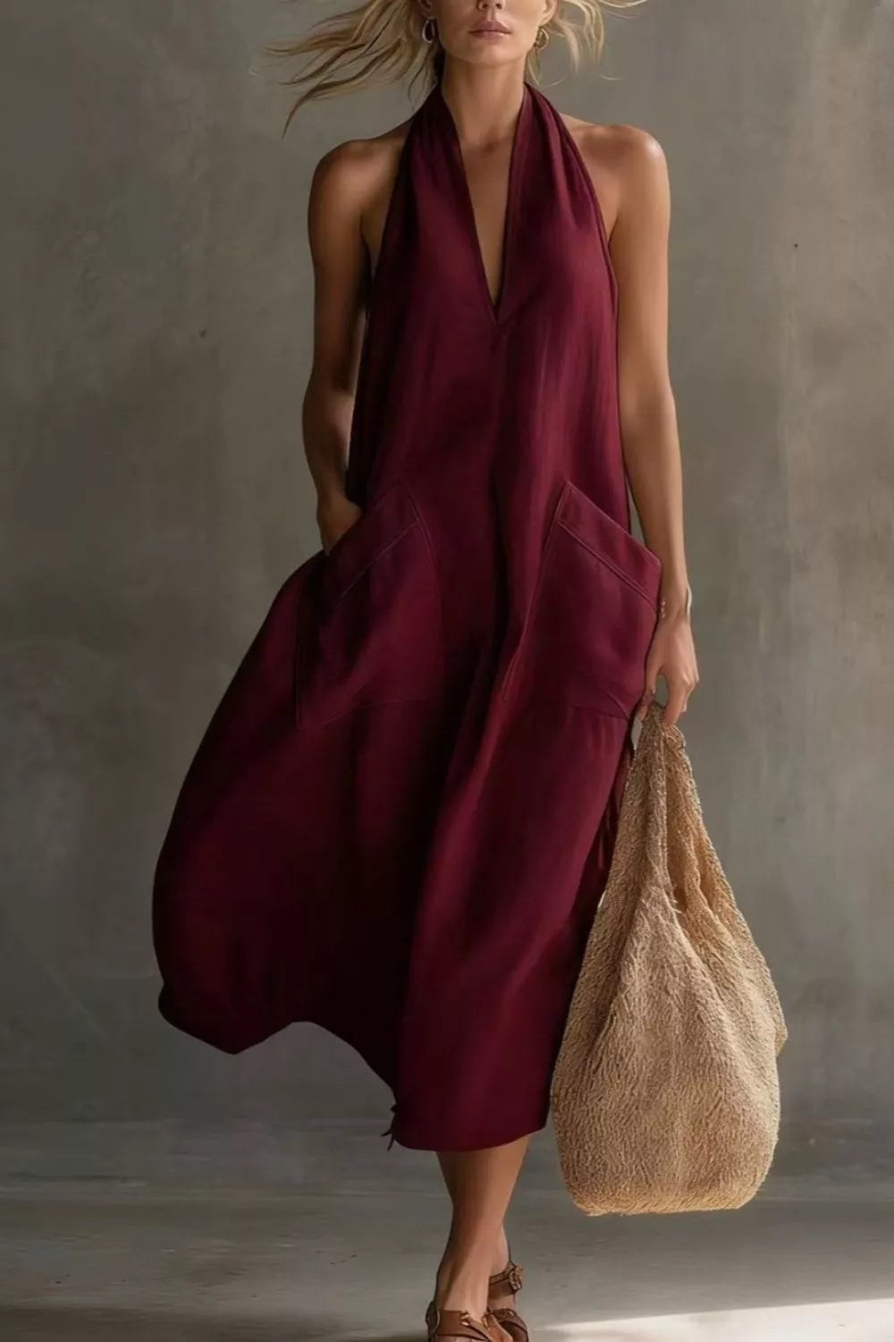 Woman wearing a burgundy dress holding a beige bag against a neutral background