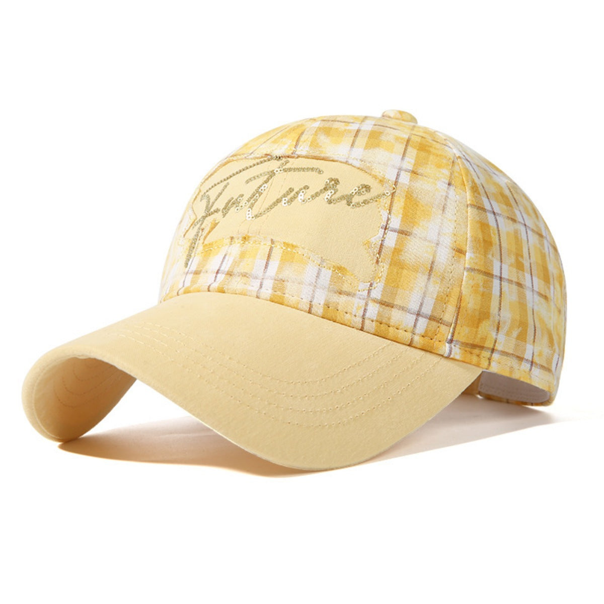 Yellow plaid cap with beige brim on a white background