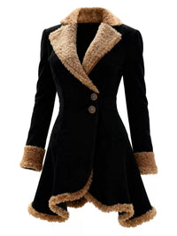 Black coat with beige fur trim on a white background