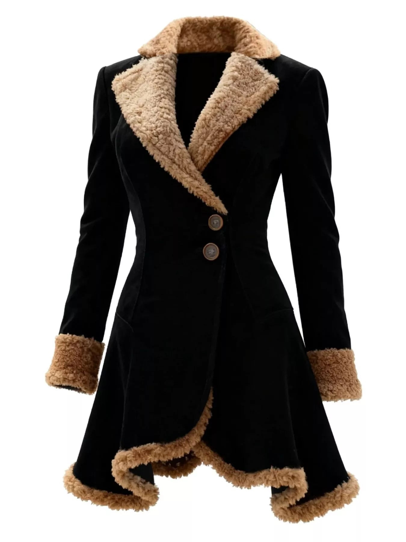 Black coat with beige fur trim on a white background