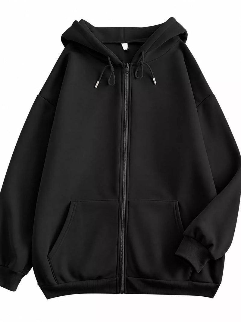 A black zip-up hoodie with a drawstring hood and front pockets, shown against a plain white background.