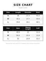 A size chart table showing measurements in inches for sizes S, M, and L, with columns for Size, Length, Shoulder, Bust, Hem, Sleeve Length, and Cuff. The chart is presented on a white background with black text and table headers.