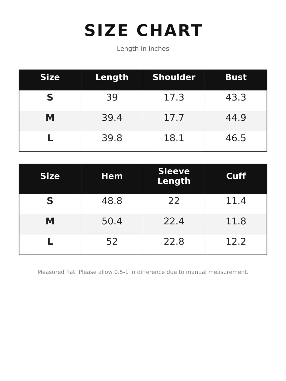 A size chart table showing measurements in inches for sizes S, M, and L, with columns for Size, Length, Shoulder, Bust, Hem, Sleeve Length, and Cuff. The chart is presented on a white background with black text and table headers.