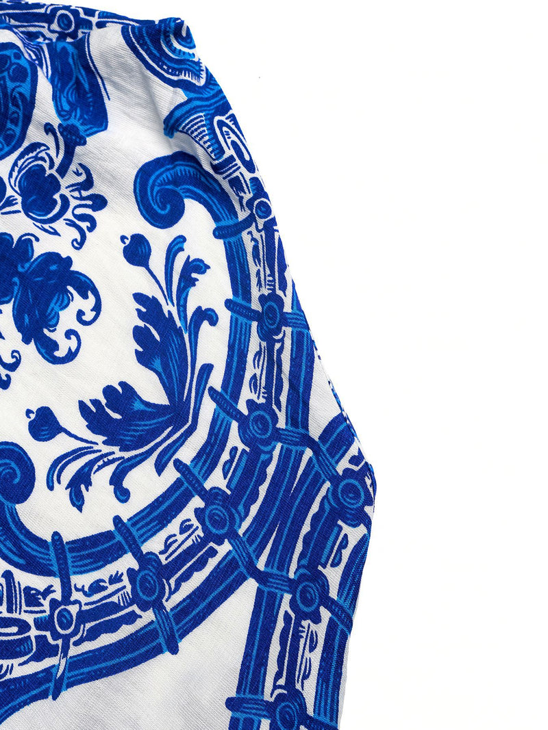Close-up of a blue and white patterned fabric