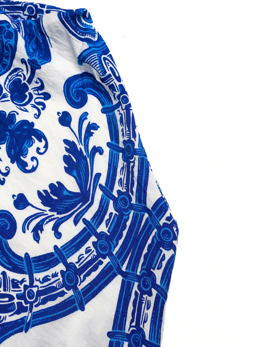 Close-up of a blue and white patterned fabric