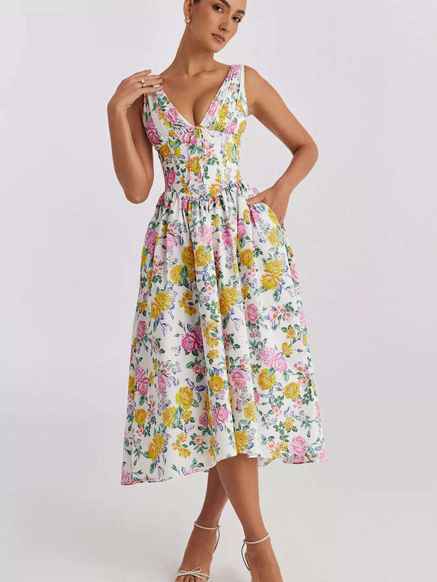 Woman wearing a floral dress on a white background