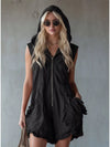 Ladies Full Size Hooded Sleeveless Zipper Romper with Ruffled Pockets Plus Size