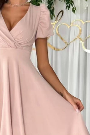 Pink Surplice Puff Sleeve Midi Dress