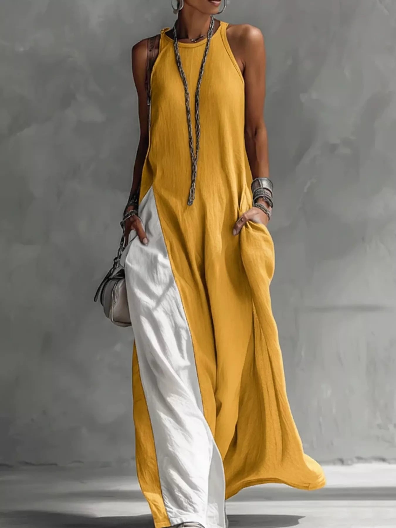 Woman wearing a yellow and white dress against a gray background