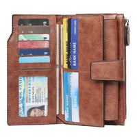Brown leather wallet with card slots and a driver's license holder on a white background
