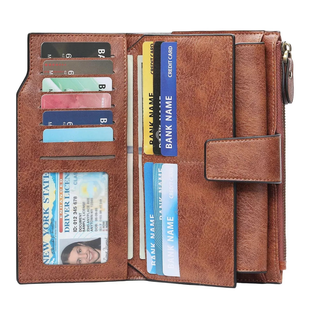 Brown leather wallet with card slots and a driver's license holder on a white background