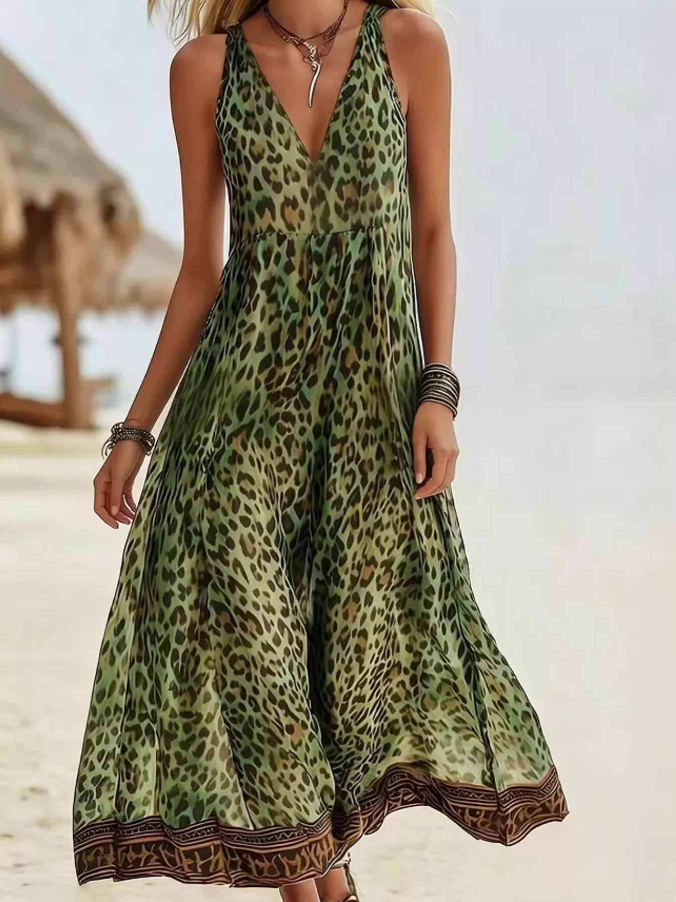 Woman wearing a green leopard print dress on a beach.