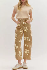 Front view of Floral Print Metal Button Pleated Straight Leg Jeans