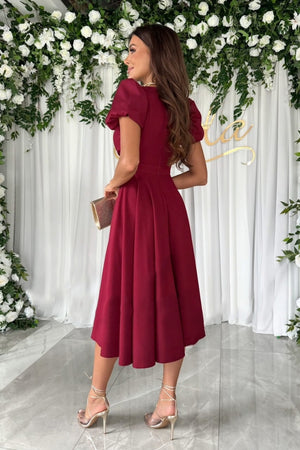Back view of burgundy Surplice Puff Sleeve Midi Dress