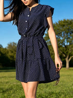 Front view of black Polka Dot Ruffle Sleeve Tie Waist Dress 