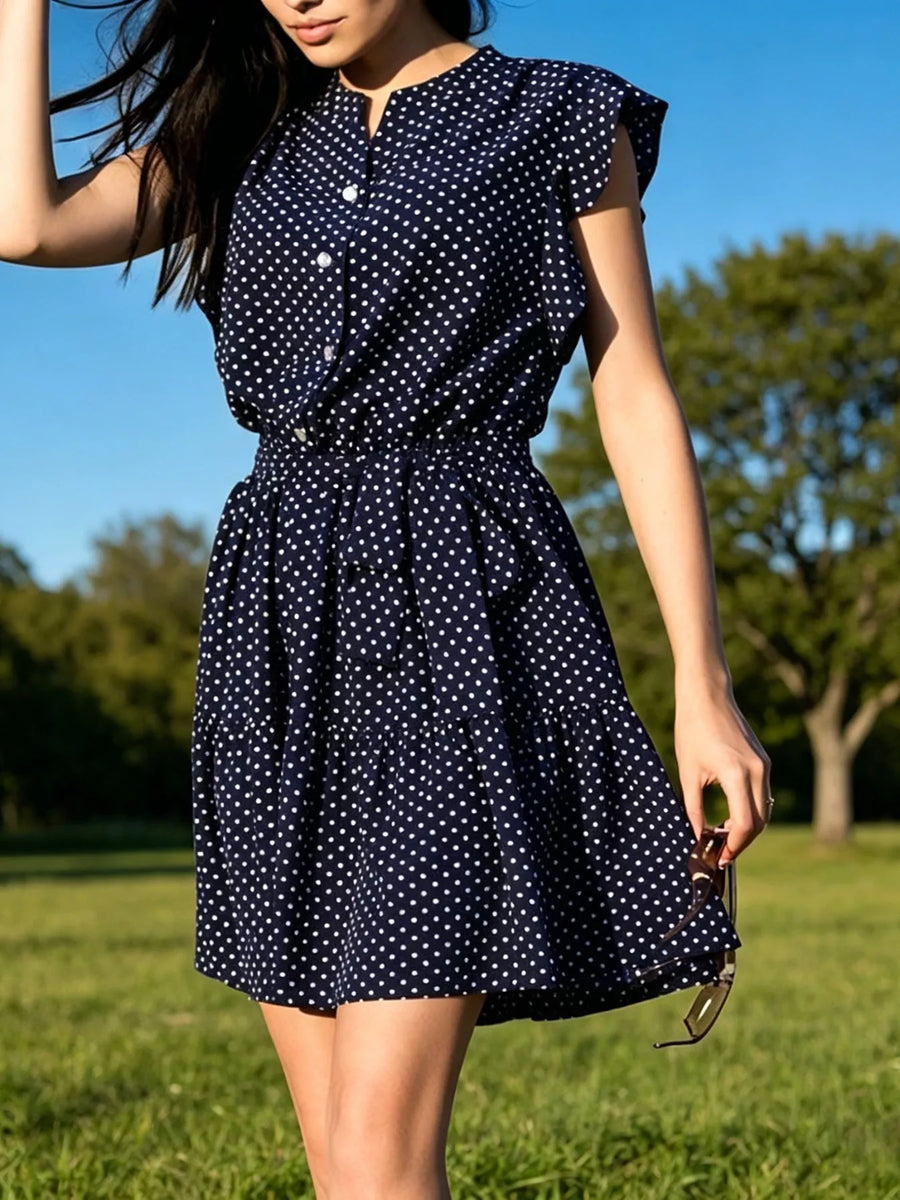 Front view of black Polka Dot Ruffle Sleeve Tie Waist Dress 