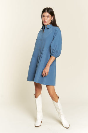 Front view of Washed denim style dress