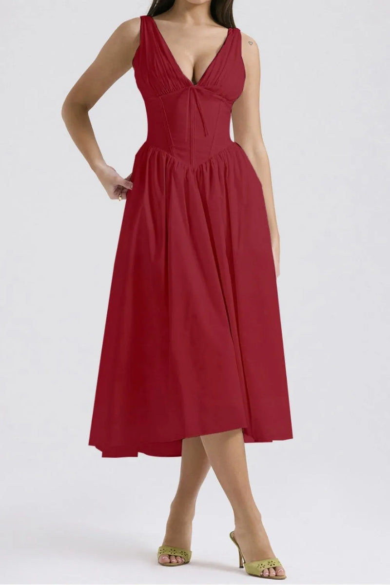 Red dress worn by a model on a white background