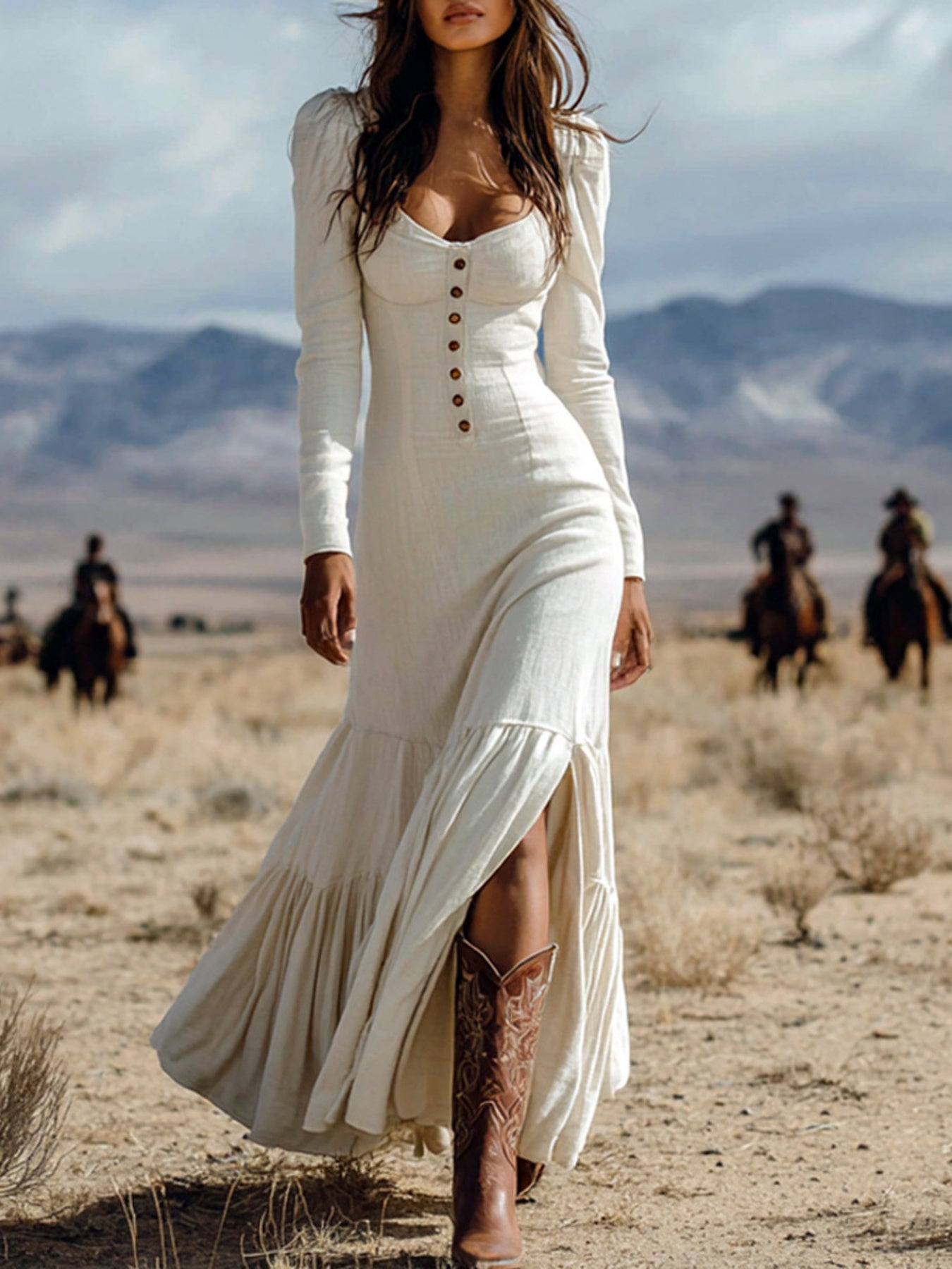Woman in a white dress and cowboy boots standing in a desert with people on horseback in the background.