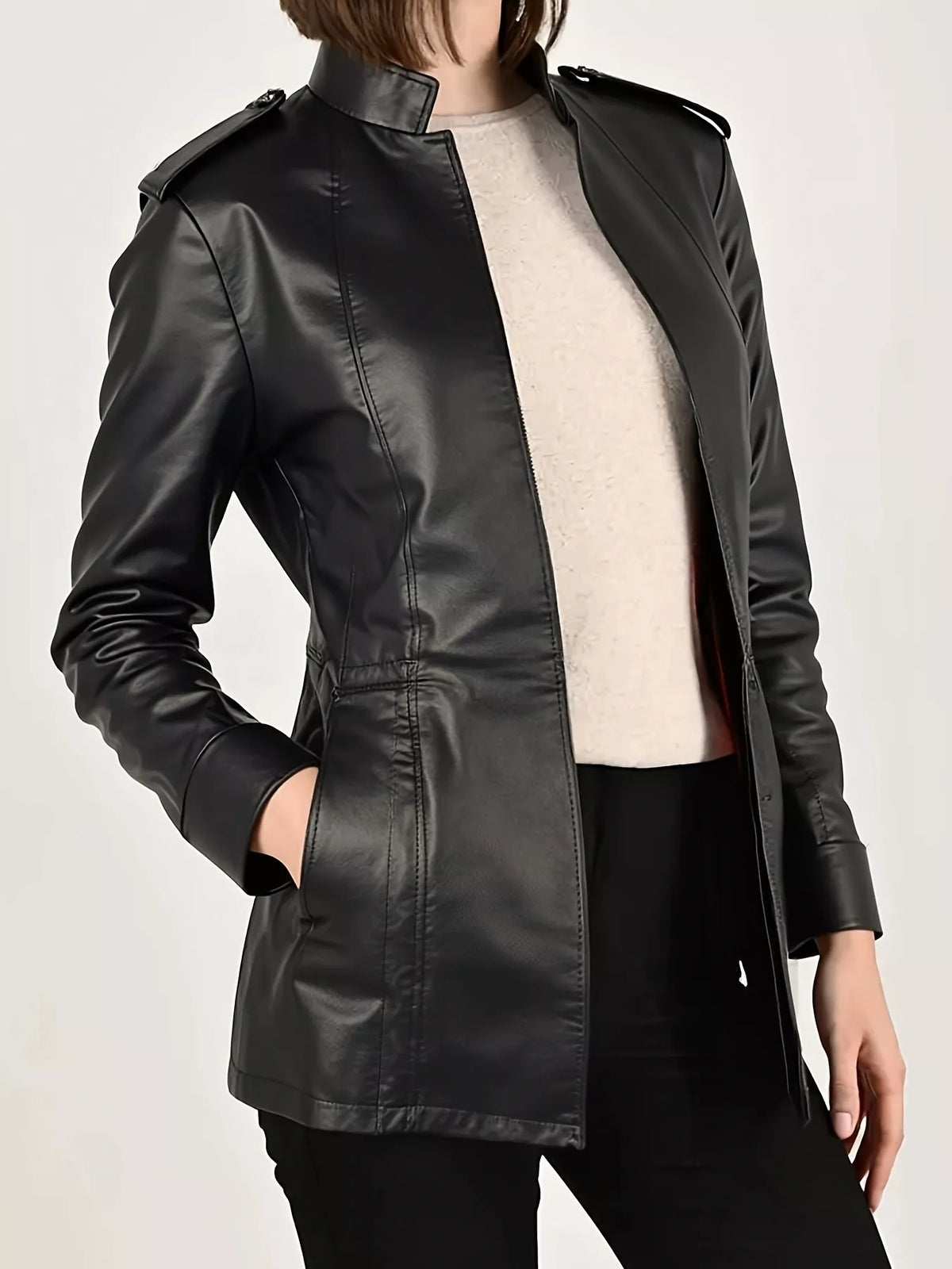 Model showing wearing black Women's Leather Long Sleeve Moto Jacket with her hand in the pocket