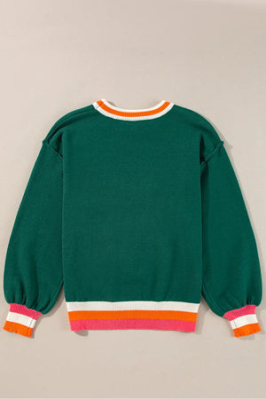 anther view of green Contrast Round Neck Long Sleeve Sweater