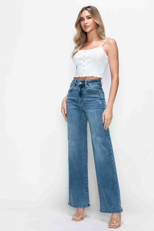 Full view of bytos Full Size High Rise Wide Leg Jeans with Pockets