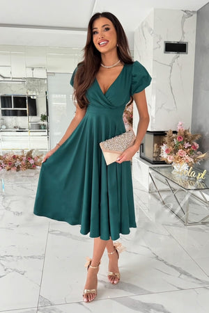 Front view of green Surplice Puff Sleeve Midi Dress