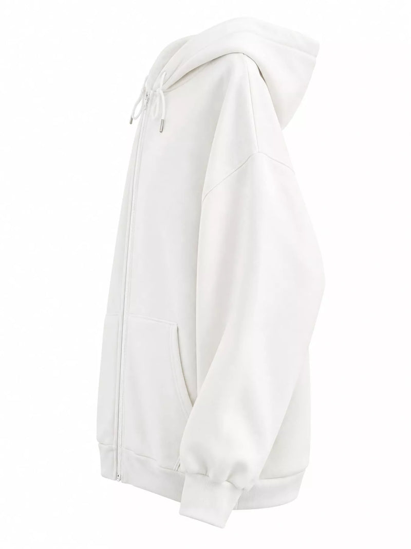 A white zip-up hoodie shown from a side profile view against a plain white background.