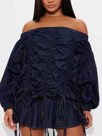 Navy off-shoulder ruched dress on a white background