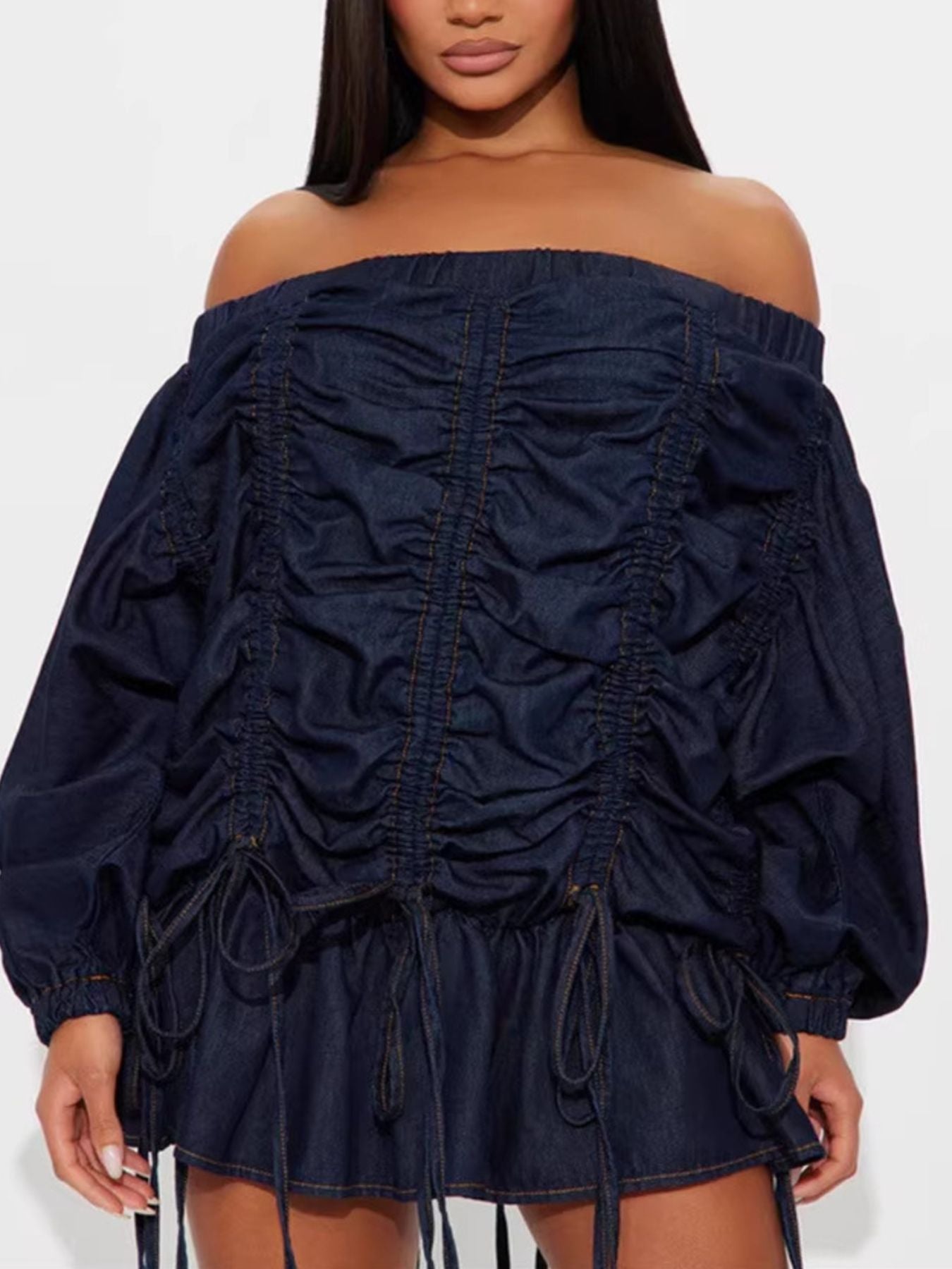 Navy off-shoulder ruched dress on a white background