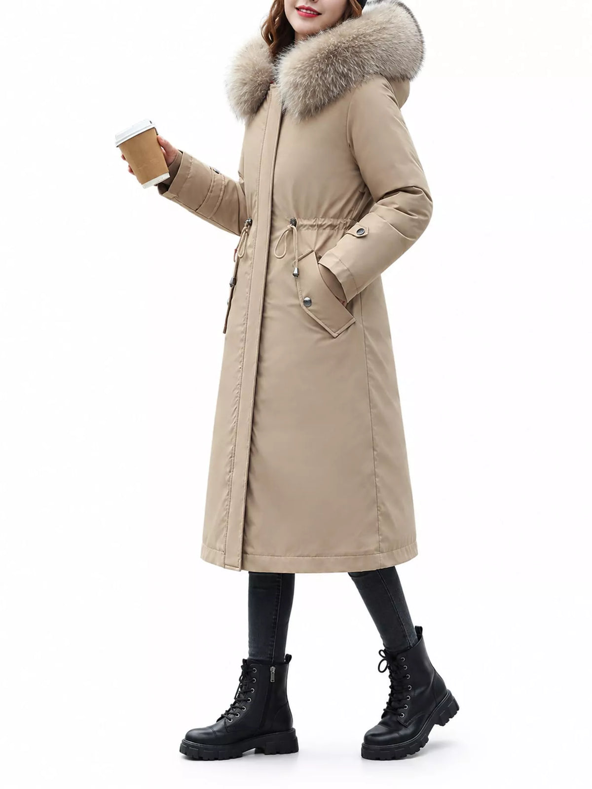  Side view of biege Women's Detachable Longline Hooded Parka with Faux Fur Trim and Drawstring Waist