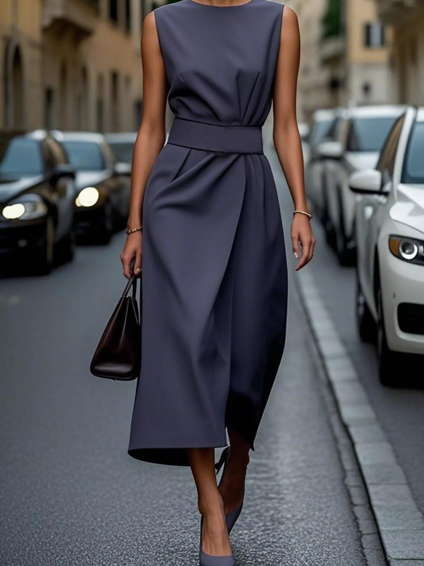 Woman in a navy dress walking on a city street.