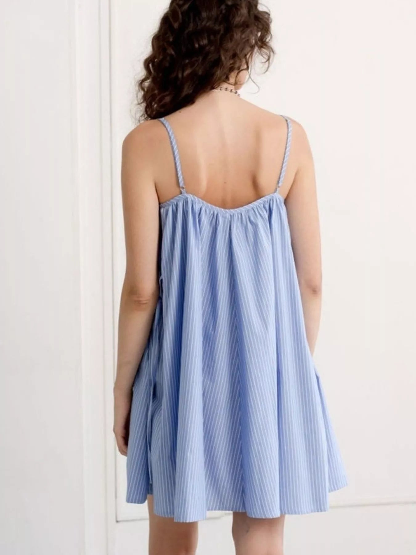 Back view of blue Polka Dot Spaghetti Strap Mini Dress