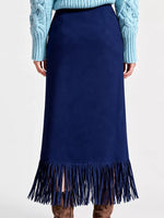 A back view of blue High-Waisted Fringe Midi Skirt