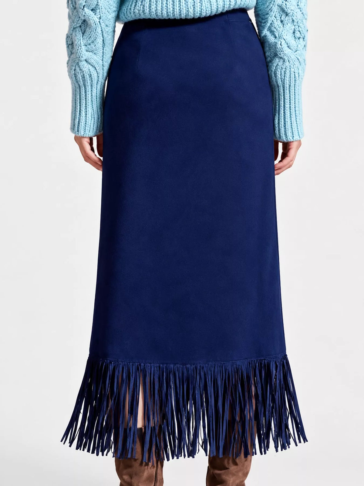 A back view of blue High-Waisted Fringe Midi Skirt