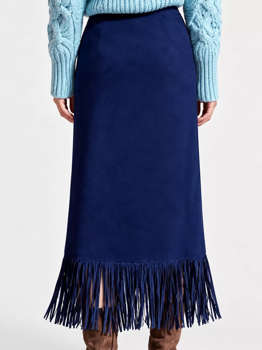 A back view of blue High-Waisted Fringe Midi Skirt