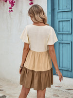 Back view of Honey Color Block V-Neck Flutter Sleeve Mini Dress