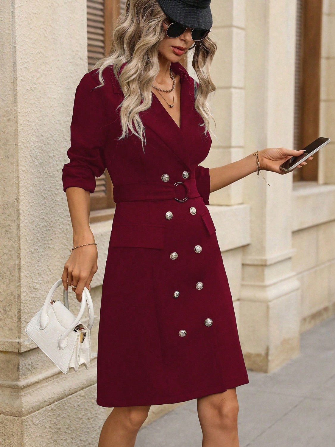 Burgundy Double-Breasted Lapel Collar Long Sleeve Dress
