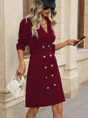 Burgundy Double-Breasted Lapel Collar Long Sleeve Dress