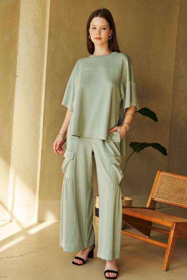 Full view of Davi & Dani Drawstring Ruched Detail Wide Leg Pants