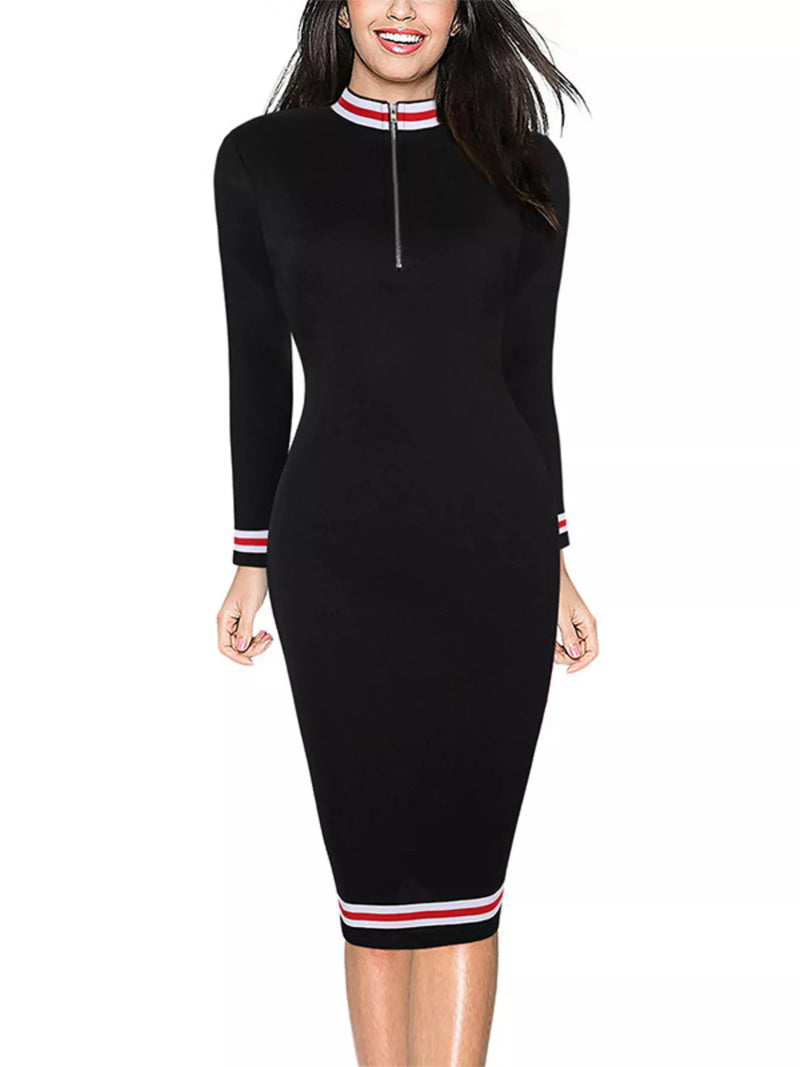Black dress with red and white striped cuffs and hem on a white background