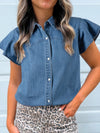 Women's Ruffled Short Sleeve Denim Shirt