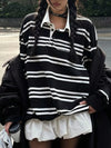Oversized Striped  Contrast Collar Polo Top