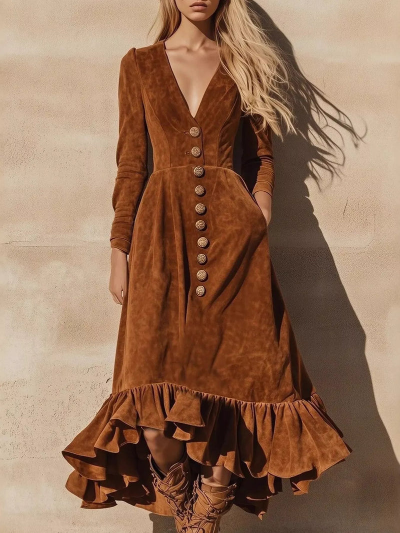 Brown suede dress with buttons and ruffled hem on a neutral background