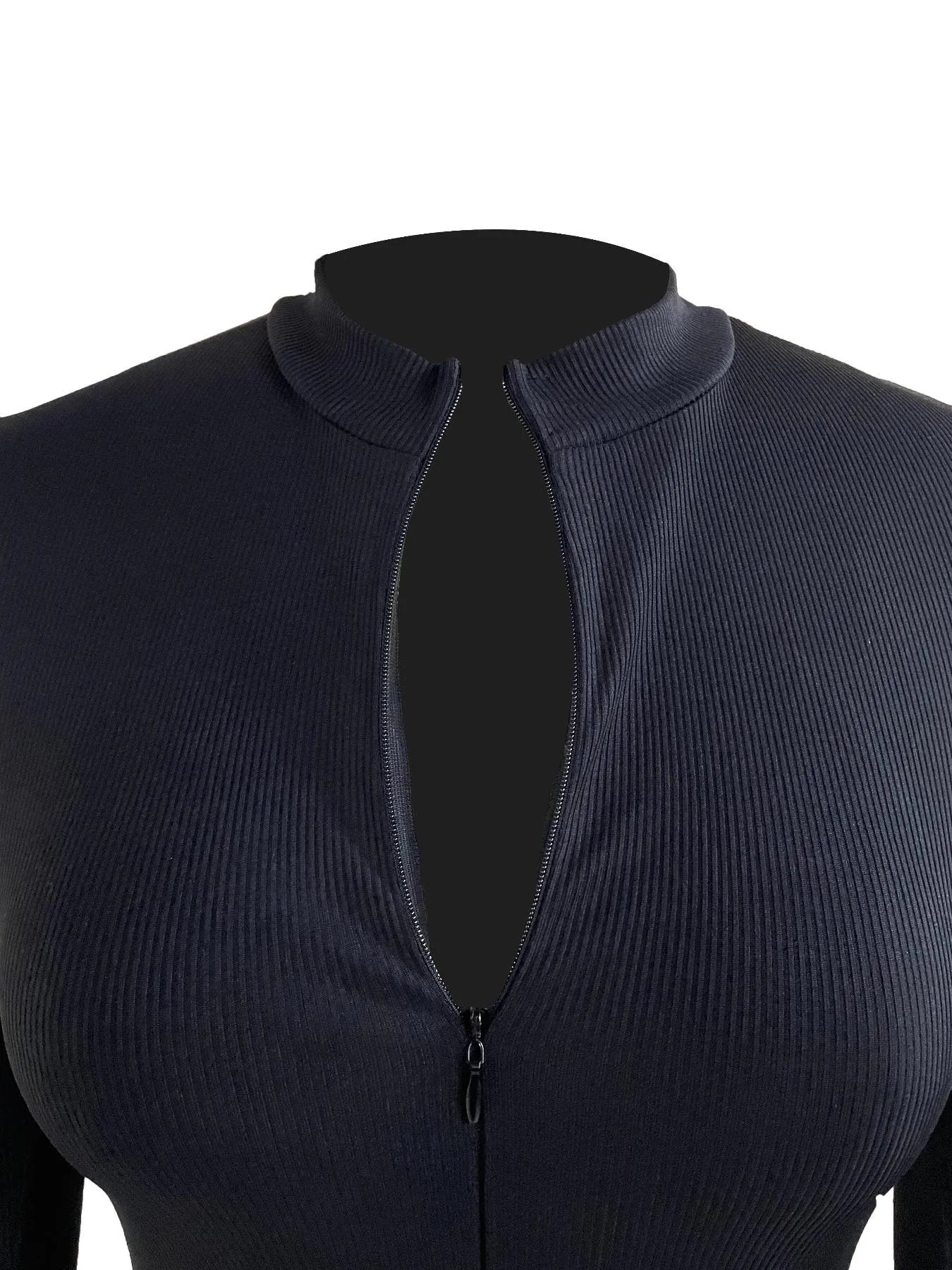 Black ribbed knit top on a mannequin with a plunging neckline and zipper detail.