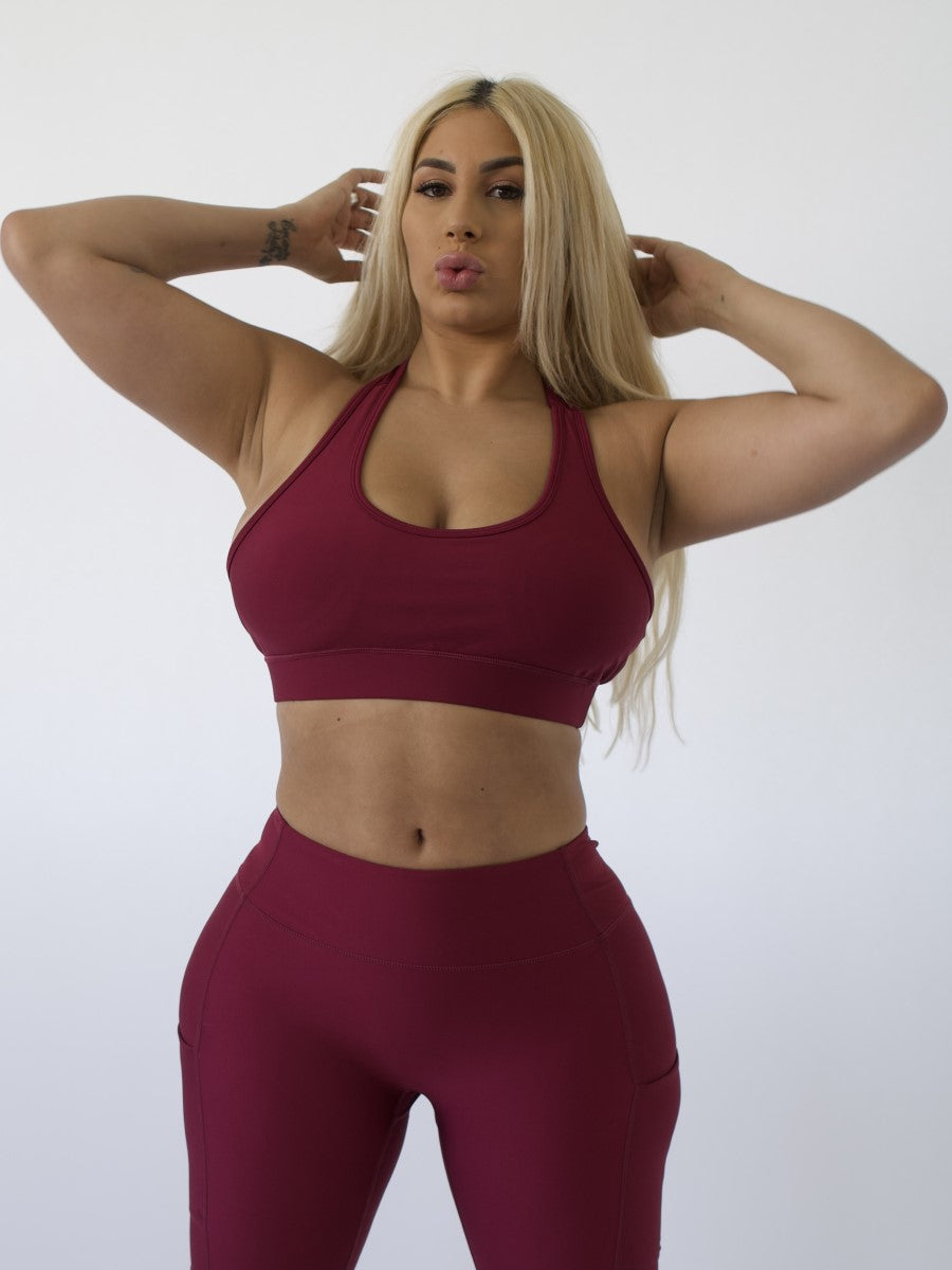Zoom out front view of Sports Bra | CRANBERRY